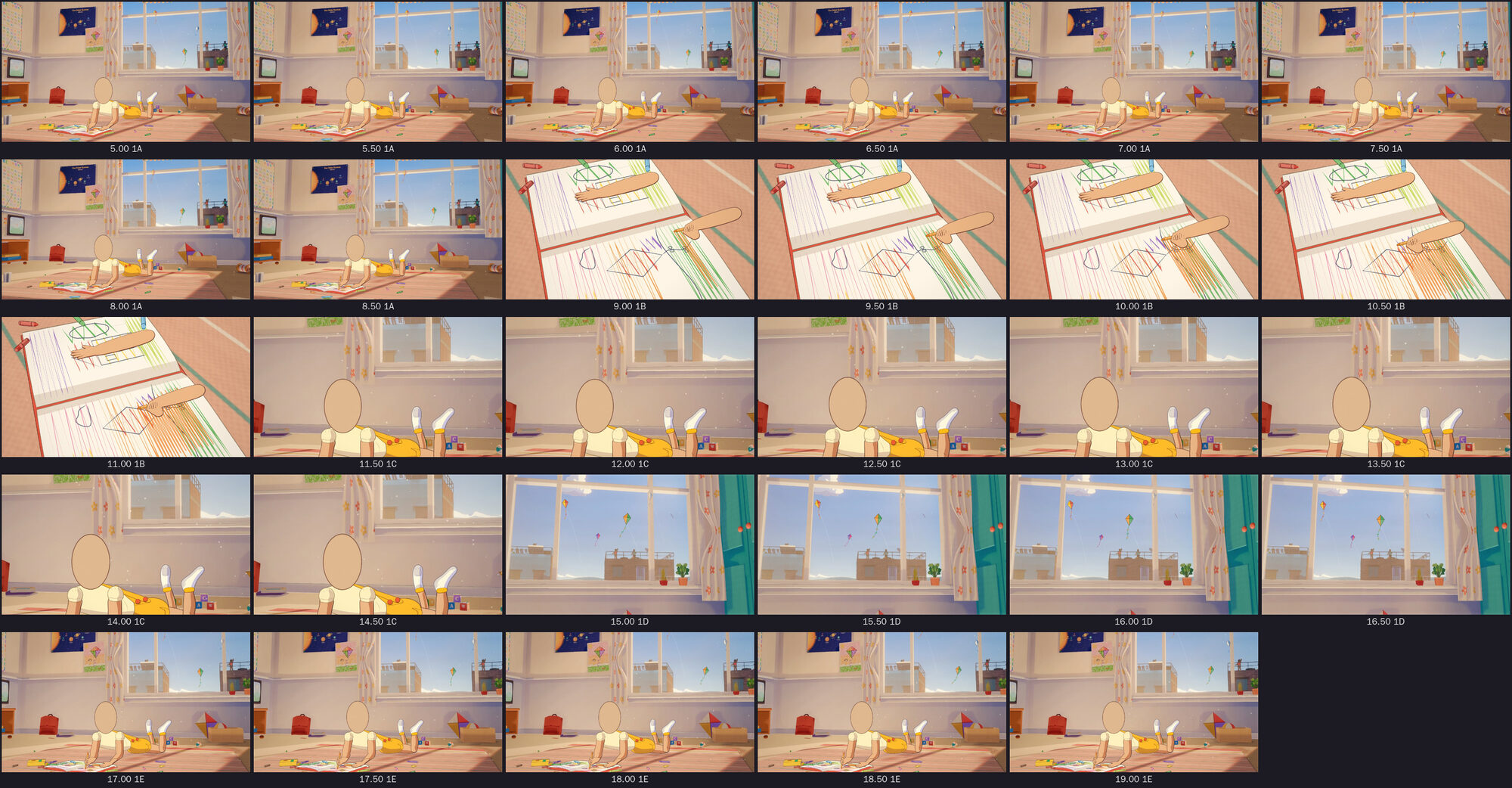 Animatic contact sheet, Stage 1
